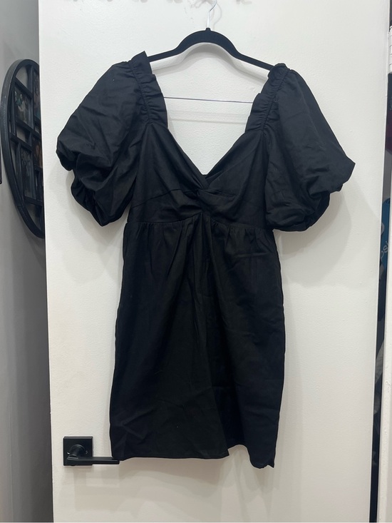 moodie Dresses & Skirts - Moodie Black Babydoll Cotton/Linen Puff-Sleeve V-Neck Dress Med NWT